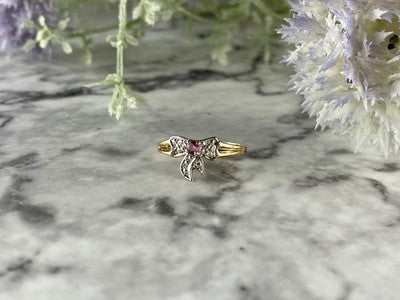 10K Yellow Gold Spinel & Diamonds "Bow" Ring Size 5.5