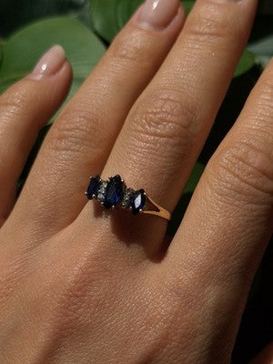 10K Yellow Gold Marquise Blue Sapphire & Diamond Ring Size 8.5