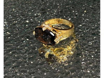 925 Sterling Silver Gold Plated Hessonite & Diamonds Ring Size 5.5