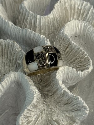 925 Sterling Silver Onyx Abalone Marcasite Ring Size 8