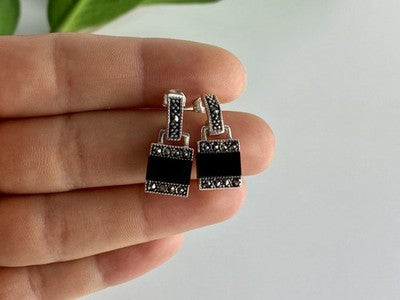 925 Sterling Silver Black Nephrite & Marcasites Earrings