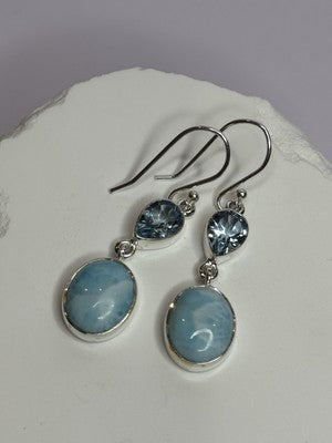 925 Sterling Silver Larimar & Topaz Earrings Length 1.7 Inch