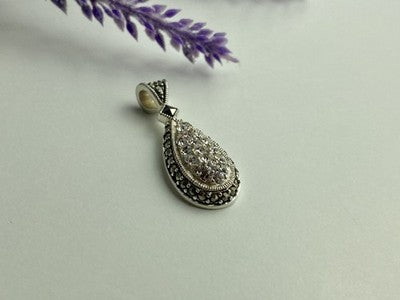 925 Sterling Silver CZ & Marcasite Drop Pendant