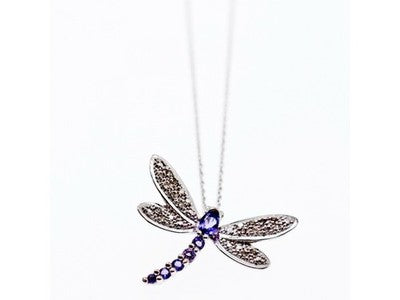10K White Gold Tourmaline & Diamonds Dragonfly Necklace & Pendant