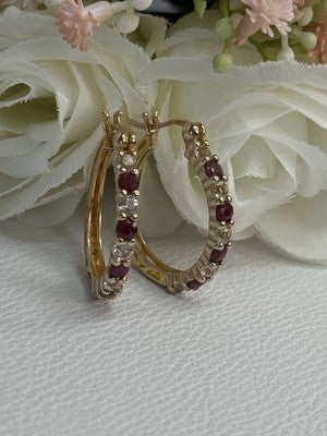 925 Sterling Silver Gold Plated Ruby & Beryl Earrings Length 1.10 Inch
