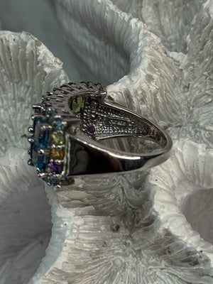 925 Sterling Silver Multicolor Stones Ring Size 7