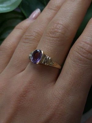 10K Yellow Gold Purple Amethyst & Diamond Ring Size 8.5
