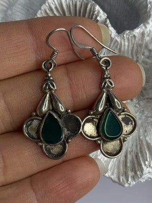 Vintage 925 Sterling Silver Malachite Earrings Length 1.70 Inch