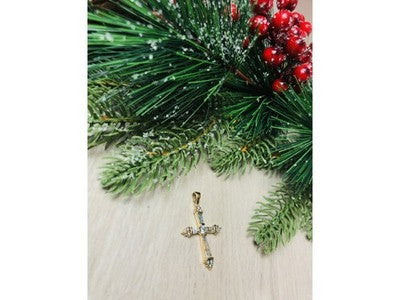 925 Sterling Silver Gold Plated Blue CZ Cross Pendant