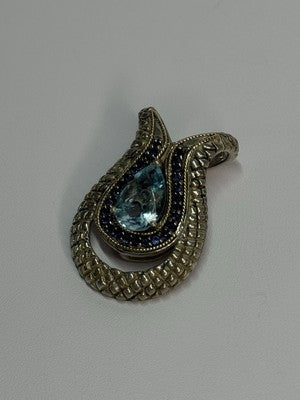925 Sterling Silver 18k Yellow Gold Topaz & Sapphire Pendant Length 1.3 Inch