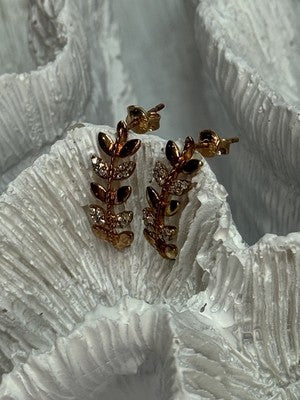 14K YELLOW GOLD DIAMONDS LEAF EARRINGS LENGTH 0.7 INCH