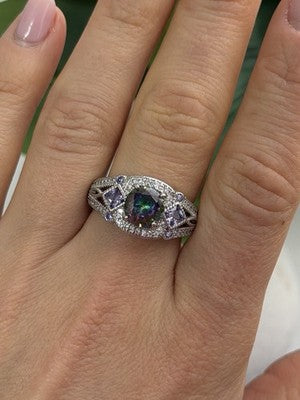 925 Sterling Silver Mystic Topaz & Amethyst & Beryl Ring Size 8