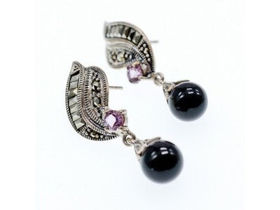 925 Sterling Silver Nephrite, Amethyst & Marcasites Earrings