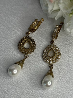 GOLD PLATED PEARL & CZ EARRINGS LENGTH 2.60 INCH