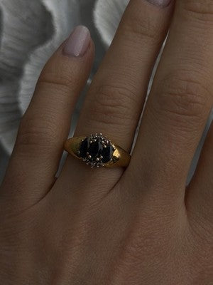 925 Sterling Silver Gold Plated Dark Blue Sapphire & Diamond Ring Size 7.5