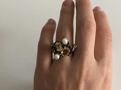 925 Sterling Blackened Silver Citrine, Peridot and Pearls Ring Size 7