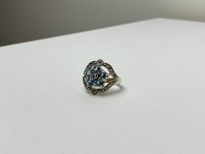 925 Sterling Silver Blue Topaz & Marcasites Ring Size 8