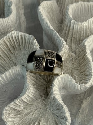 925 Sterling Silver Onyx Abalone Marcasite Ring Size 8