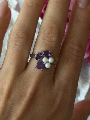 925 Sterling Silver Amethyst & Pearl Ring Size 8