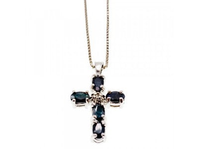 925 Sterling Silver Blue Spinel & Diamond Chain with Cross Italy