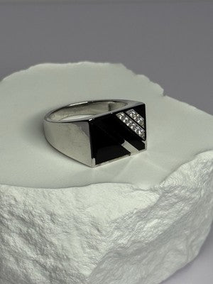 925 Sterling Silver Black Enamel & CZ Men'S Ring Size 11