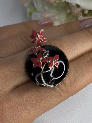 925 Sterling Silver Black Onyx & Red Enamel Flowers Pendant Length 1.40 Inch