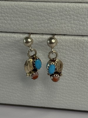 Vintage 925 Sterling Silver Turquoise & Carnelian Earrings Length 0.70 Inch