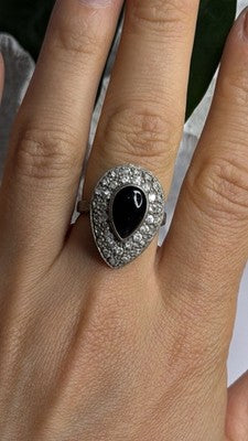 Vintage 925 Sterling Silver Black Onyx & Clear Topaz Stones Ring Size 7.5