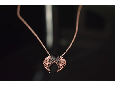 925 Sterling Silver Gold Plated Black CZ "Angel's Wings" Necklace