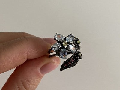 925 Blackened Silver Topaz, Garnet, Peridot & Opal Ring Size 8