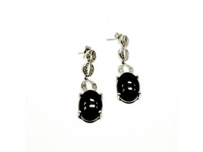 925 Sterling Silver Black Tourmaline & Clear Quartz Inlays Stud Earrings