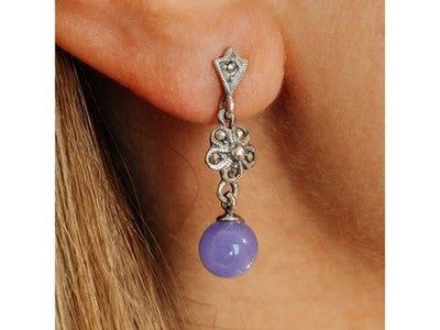 Vintage 925 Sterling Silver Purple Agate & Marcasites Earrings