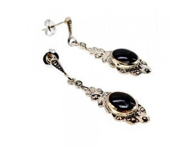 Vintage 925 Sterling Silver Onyx & Marcasites Earrings