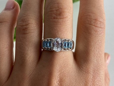 925 Sterling Silver Aquamarines Ring Size 8