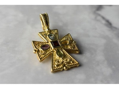 925 Sterling Silver Gold Plated Multi Gemstones Cross Pendant