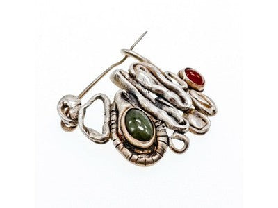 Vintage 925 Sterling  Silver Green  Jade & Red Carnelian Brooch