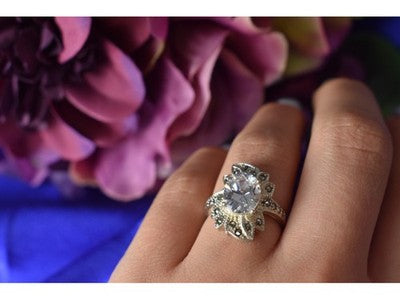 925 Sterling Silver CZ & Marcasites Ring Size 6.5