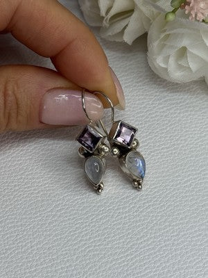 925 Sterling Silver Amethyst & Moonstone Earrings Length 1.30 Inch
