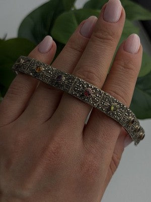 Vintage 925 Sterling Silver Multi Color Tourmaline & Marcasite Bracelet 7