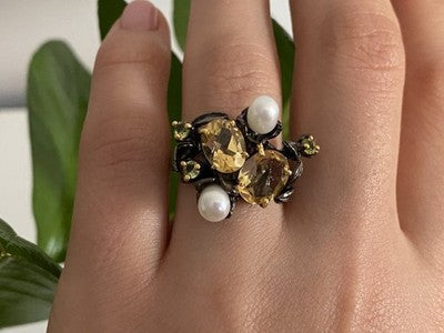 925 Sterling Blackened Silver Citrine, Peridot and Pearls Ring Size 7