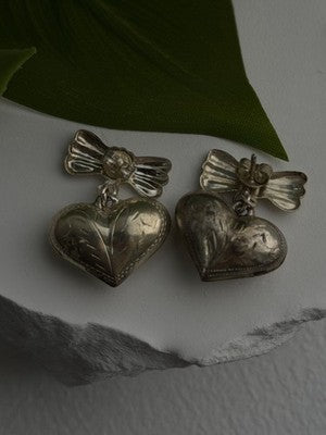 Vintage Heart with Bow Dangle 925 Sterling Silver Earrings