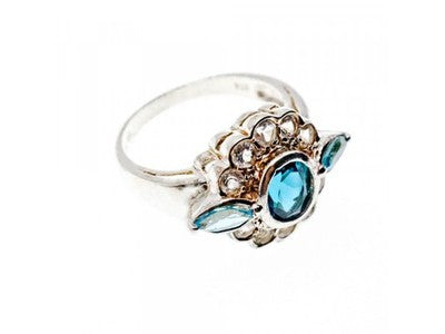 925 Sterling Silver Aquamarine & Goshenite Ring Size 9