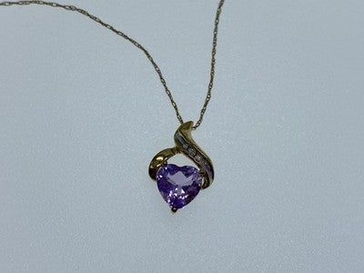 10 K Yellow Gold Amethyst & Diamond "Heart" Chain With Pendant