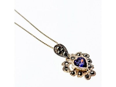 925 Sterling Silver Amethyst & Marcasites "Heart" Chain With Pendant Italy
