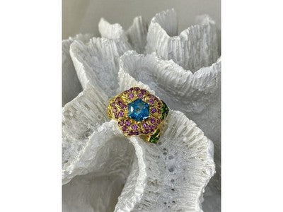 925 Sterling Silver Gold Plated Topaz, Peridot & Spinel "Flower" Ring Size 7.5
