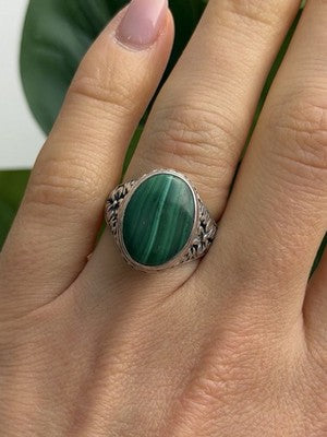 Vintage 925 Sterling Silver Malachite Ring Size 7