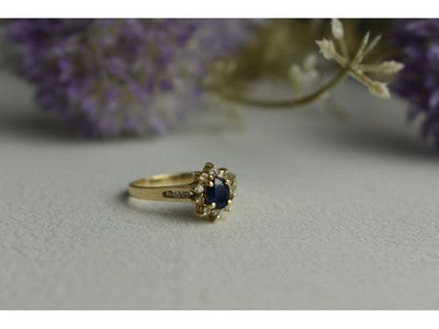 14K Yellow Gold Dark Blue Spinel & Diamonds Ring Size 5.5