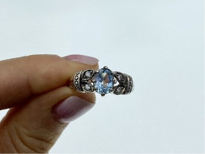 925 Sterling Silver Blue Spinel & CZ Ring Size 6.5