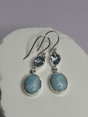 925 Sterling Silver Larimar & Topaz Earrings Length 1.7 Inch