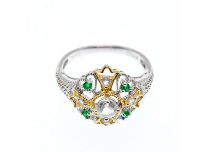 925 Sterling Silver Gold Plated Emerald & Goshenite Ring Size 6.5